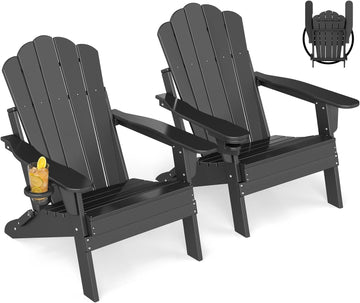 Oversized Folding Adirondack Chairs Set of 2, HDPE, Black | Cup Holder | 22" Extra-Wide | All Weather | Plastic Fire