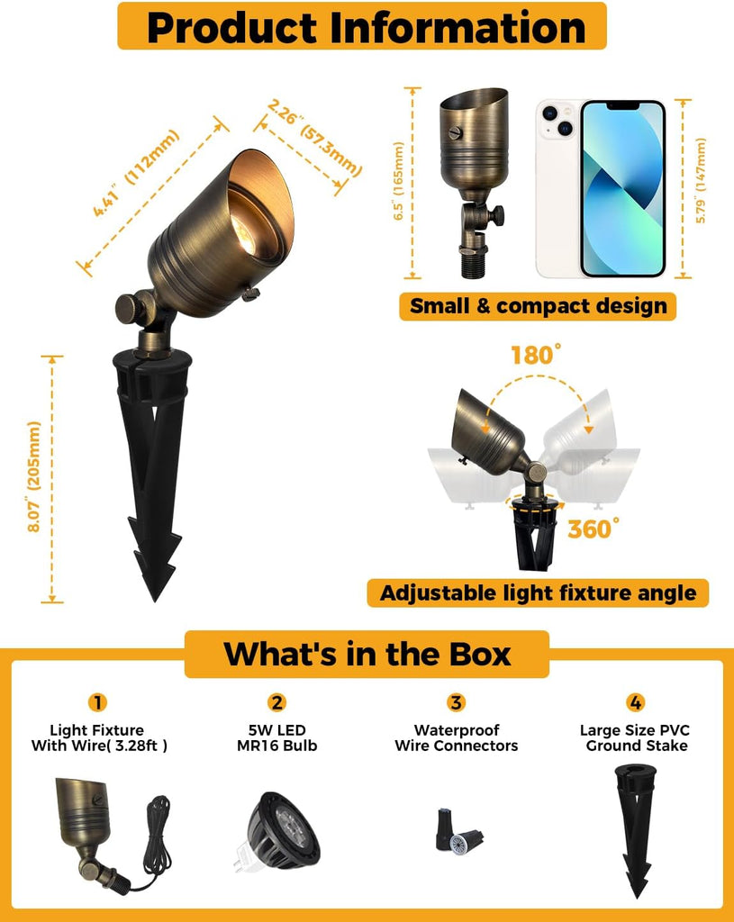 Brass Outdoor Spotlights,12V LED Low Voltage Landscape Lighting with 5W 2700K Aluminum MR16 Bulb, IP65 Waterproof