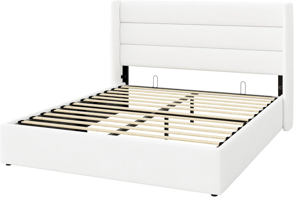 Queen Lift Up Storage Bed/Velvet Upholstered/Modern Wingback Headboard/Upholstered Platform Bed Frame/Hydraulic