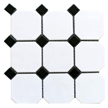 4" Octagon Tile Matte White Mosaic Porcelain Floor and Wall Tile Backsplashes, Accent Wall (Black Dots Glossy, 5