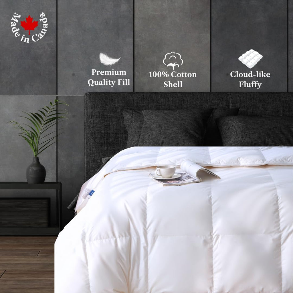 Goose Feather Down Comforter Queen-Made in Canada White Goose Feather Duvet Insert-Fluffy Hotel Comforter with Oeko