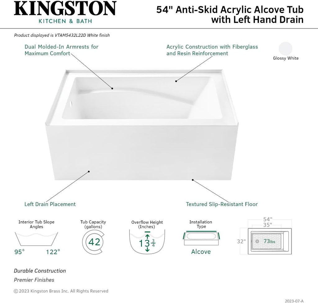 VTAM5432L22D 54-Inch Anti-Skid Acrylic 3-Wall Alcove Tub with Left Hand Drain, Glossy White