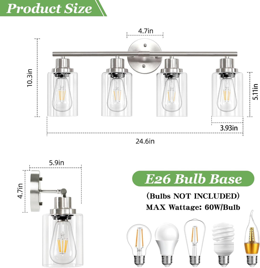 4-Light Nickel Bathroom Light Fixtures, E26 Modern Vanity Lights with Clear Glass Shade, Wall Lamps for Mirror