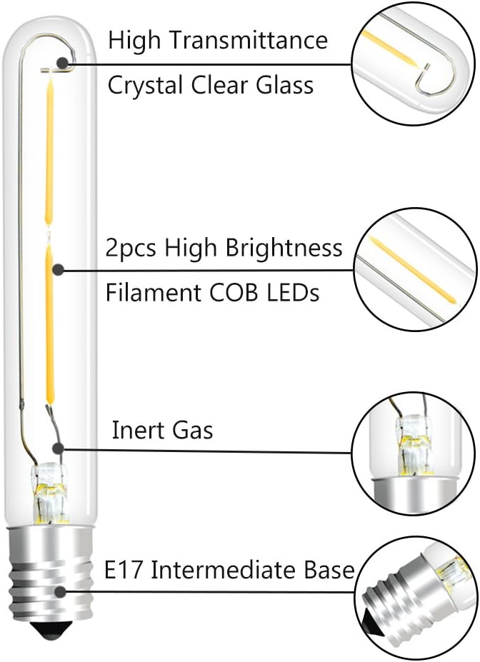 LED T6.5 Tubular Filament Bulb, 2W T6.5 LED Appliance Light Bulb E17 Intermediate Base, 20W Incandescent Equivalent (4-Pack)