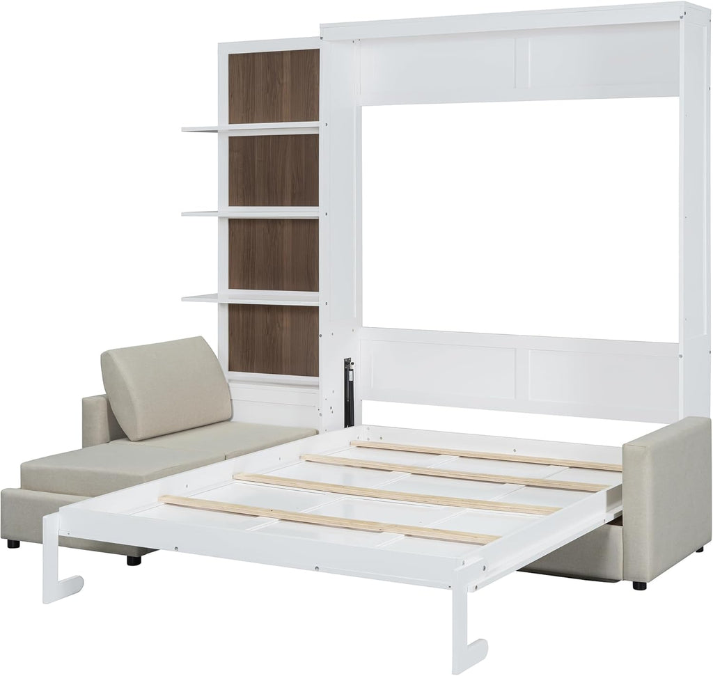 Queen Murphy Bed, Wood Queen Wall Bed with Sofa and Shelves, White