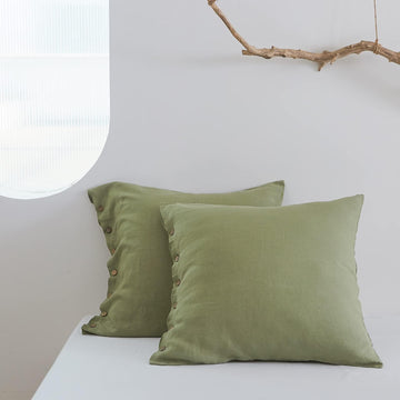 100% Washed Linen Euro Sham Cover, 26 x 26 Inch, Decorative Bed Pillow Cover with Coconut Button, Solid Color Pillow