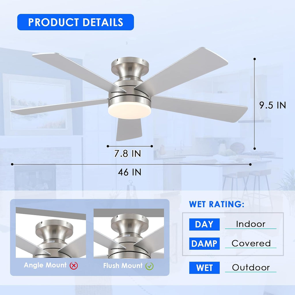 46IN Ceiling Fan with Lights and Remote/APP - Flush Mount Low Profile Ceiling Fan Light with 3CCT Dimmable, 6 Speeds Reversible, Modern Fan Light Fixture for Indoor, Covered Patios, Nickel