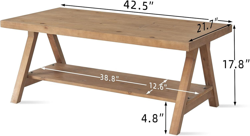 Farmhouse Coffee Table,Solid Wood Center Tables with Storage Shelves & Sturdy A-Shaped Legs