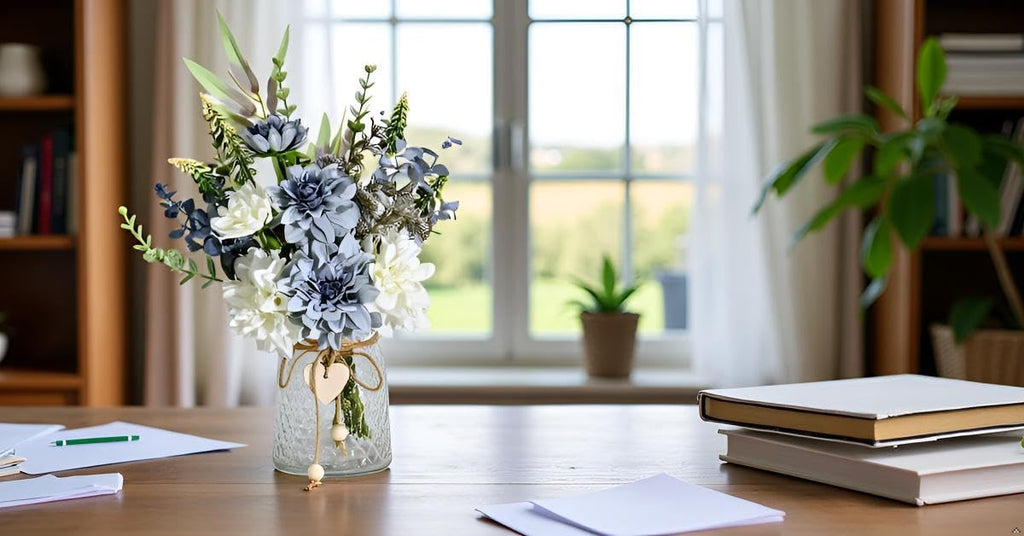 Artificial Flowers with Vase, Faux Dahlia Flower Arrangement in Glass Vase, Blue and White Silk Flowers with