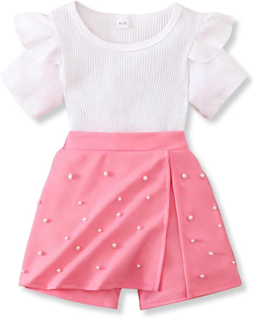 Girls 2 Piece Clothes Ruffled Sleeve Striped Top and Pearl Skirt Short Set Girl Summer Clothes