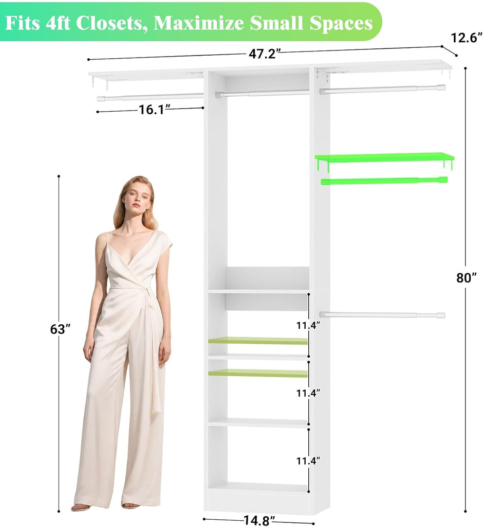 48" Closet Organizer System, 4FT Closet System for Small Closets with 4 Hanging Rods & 3 Shelves, 80"H Small Closet