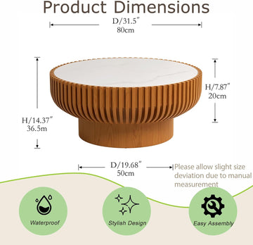 Modern Round Coffee Table, Faux Marble Sintered Stone Drum Table, Contemporary Center Table for Living Room, White Sto