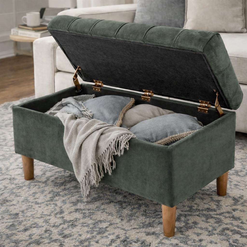 40" Ainsley Button Tufted Storage Bench - Loden Green Velvet