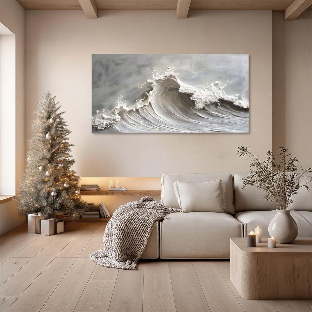 Abstract Ocean Wave Canvas Wall Art 46x23 Inch - Large Neutral Textured Modern Sea Artwork Coastal Print Painting