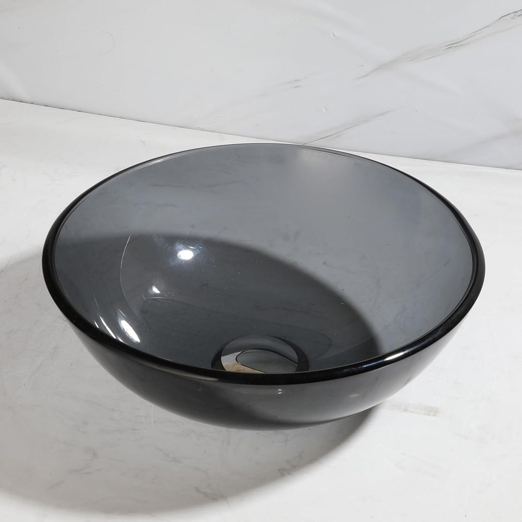 12 Inch Round Bathroom Sink Bowl with Drain Combo,Clear Black Glass Vessel Sink Basin Above Counter Tempered Glass Sink
