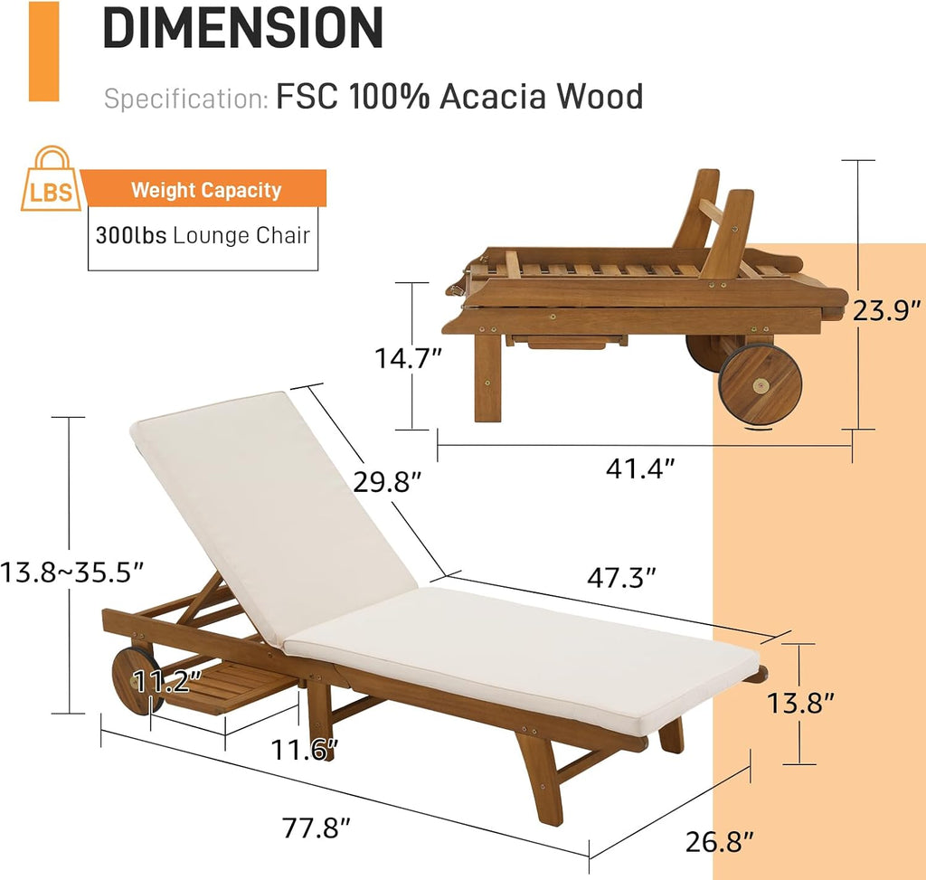 Patio Acacia Wood Chaise Lounge Set of 4, Pull-Out Table, Cream | Foldable Lounge Chair with Adjustable Backrest