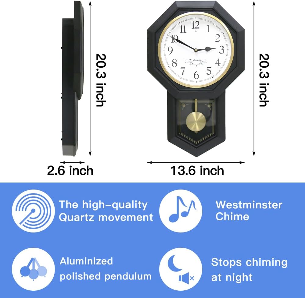 Plastic Pendulum Clock. Westminster Chime Every Hour,Elegant,Traditional Schoolhouse,Home,Office,Living Room,Bedroom. (Black Frame)