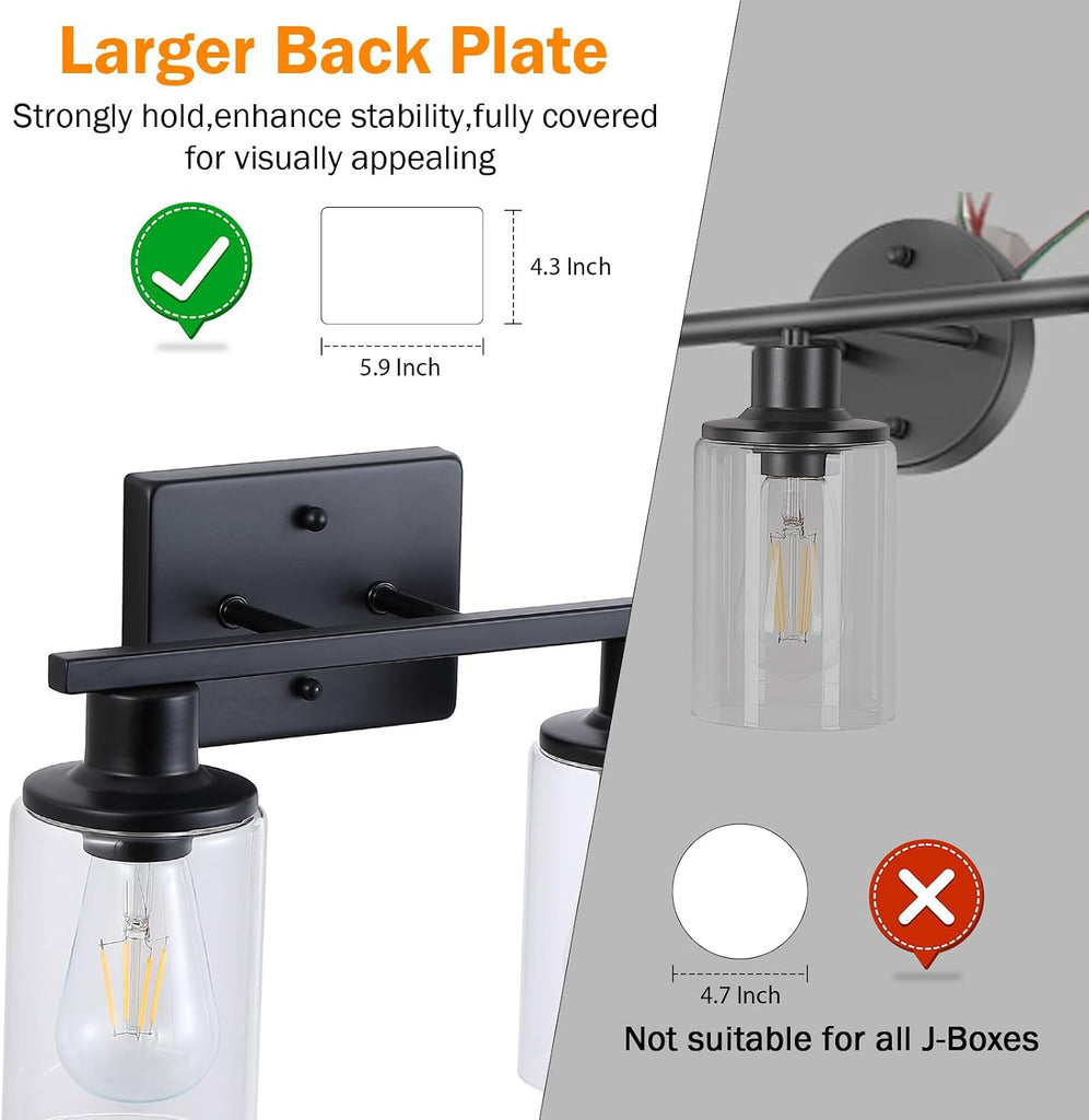 2-Light Matte Black Bathroom Vanity Light,Bathroom Light Fixtures Over Mirror with Clear Glass Shade,Modern Farmhouse