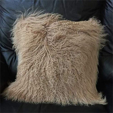 Mongolian Tibetan Lamb Fur Throw Pillow Cushion Cover Pillowcase, Khaki (24"x24")