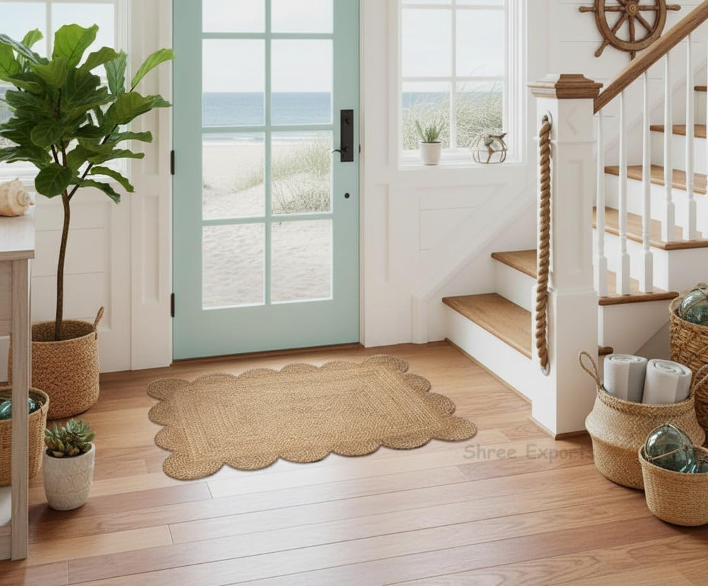 Natural Hand Woven Farmhouse Jute Area Scalloped Rug (Natural, 2x3 Feet)