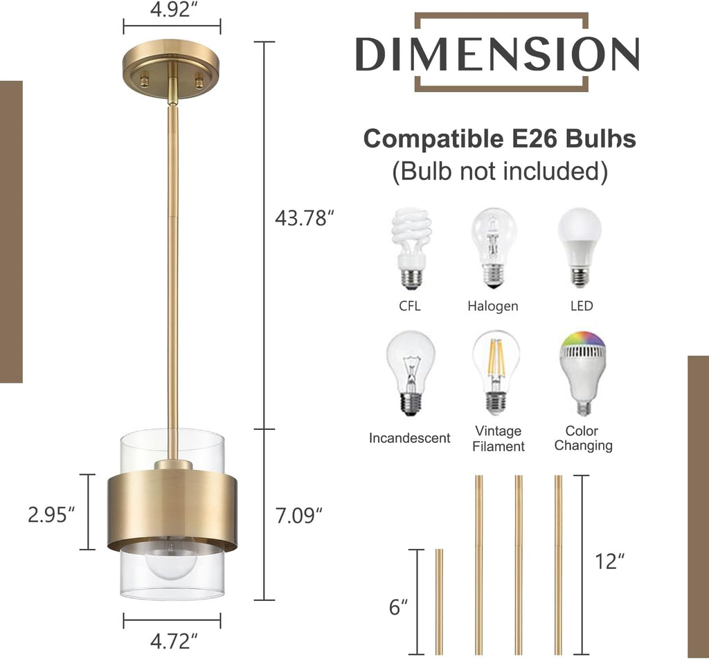Modern Gold Mini Pendant Light with Frosted Cylinder Shade | E26 Adjustable Hanging Rod, Dimmable Compatible Indoor