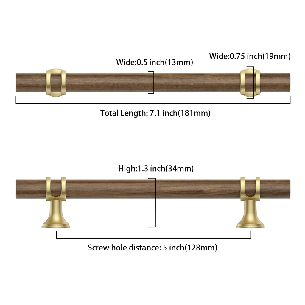 10 Pack 5 Inch(128mm) Wood and Gold Cabinet pulls Kitchen Cabinet Handles, Cabinet Pulls Kitchen Cabinet Hardware for