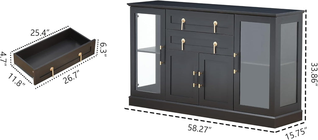 58.27'' Buffet Cabinet with 2 Drawers,LED and Adjustable Shelves,Large Glass Door Coffee Bar Cabinet with Storage,Modern Farmhouse Sideboard Credenza for Kitchen,Green