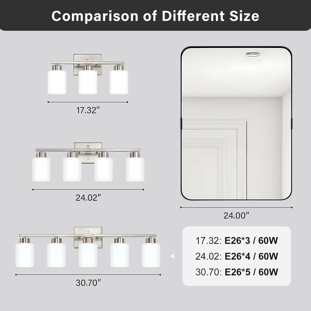 Brushed Nickel Bathroom Light Fixtures Vanity Lights Over Mirror | Modern 4-Light lighting fixtures with Milky White
