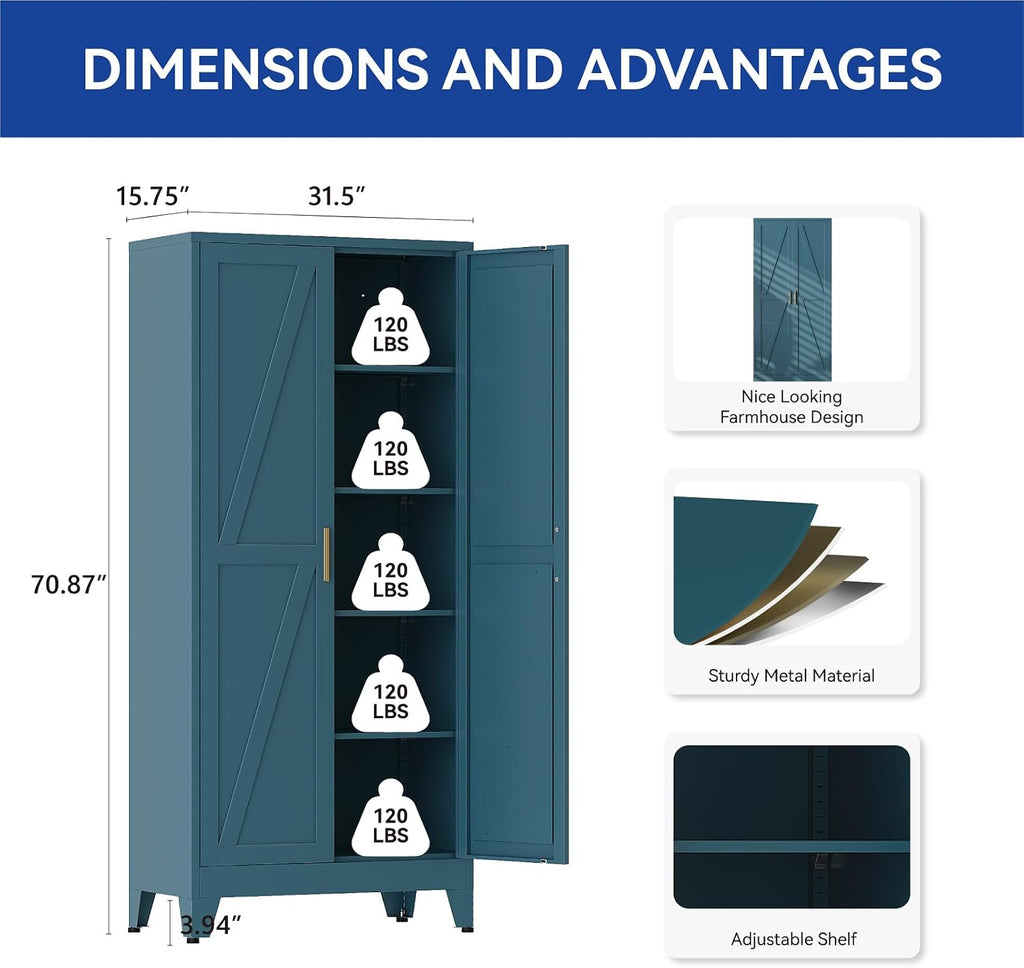 71'' Tall Metal Storage Cabinet, Farmhouse Kitchen Pantry Cabinet with Doors and 4 Adjustable Shelves, Metal Pantry