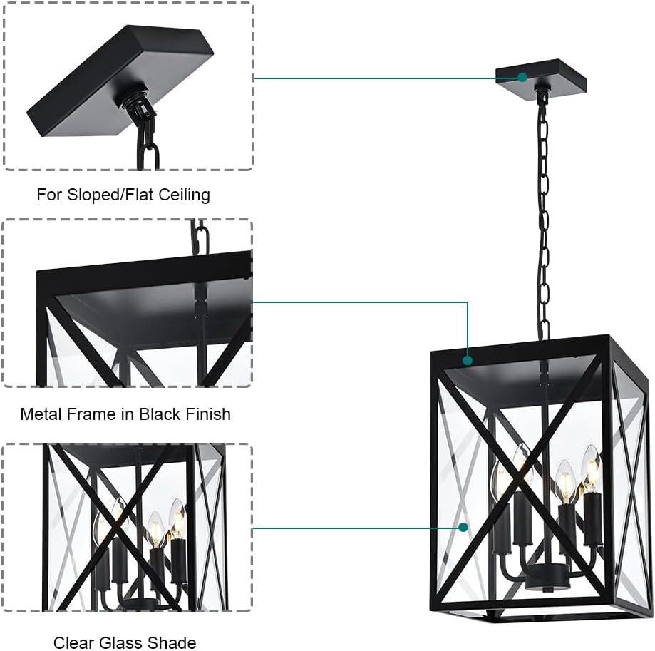 Black Outdoor Pendant Light 4 Lights Outside Pendant Hanging Light Fixture Ceiling Mount with Clear Glass Industrial