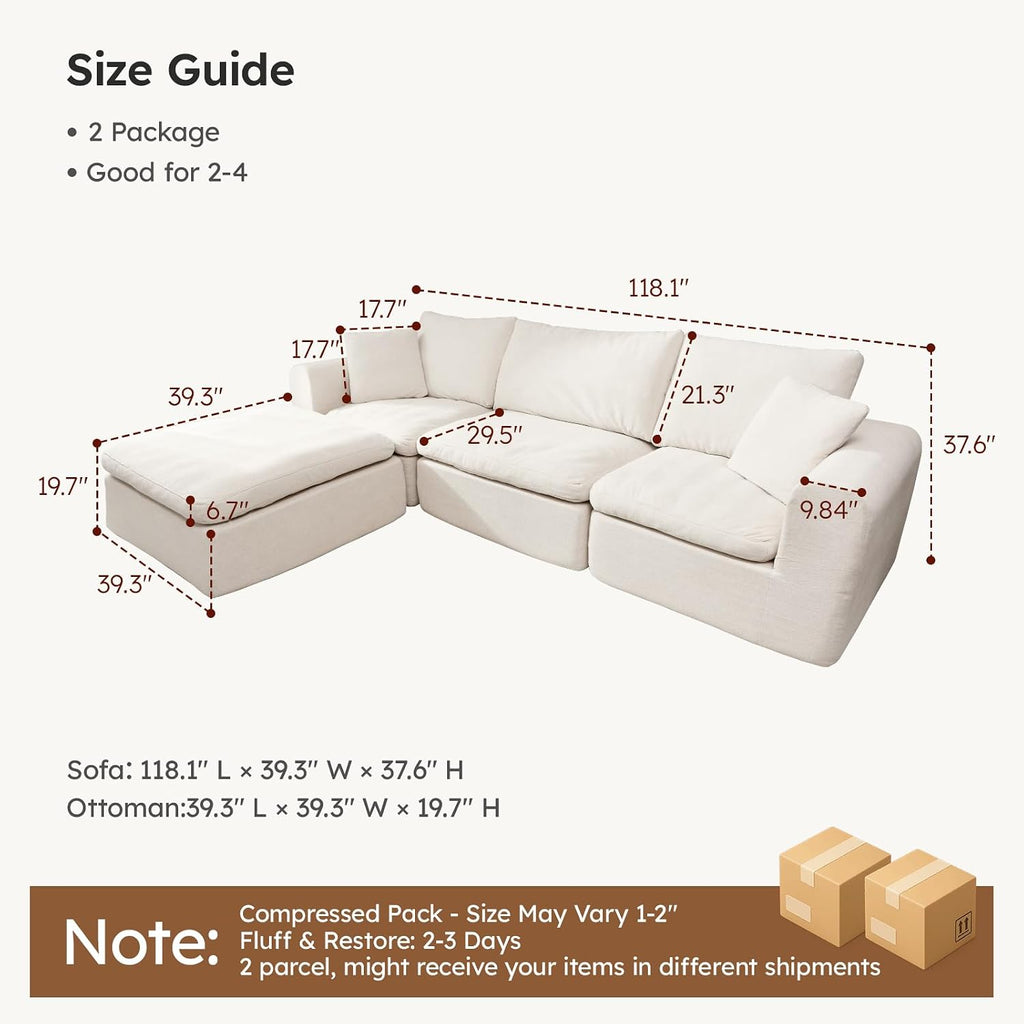 Oversized Modular Sectional Sofa, Boneless Cloud Couch with L-Shaped Chaise, Upholstered Deep Seat Comfy Couch , No