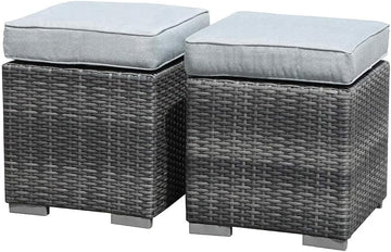 2 Pieces Assembled Outdoor Patio Ottoman, Grey Wicker, Light Grey | Indoor Outdoor All-Weather Rattan Footstool