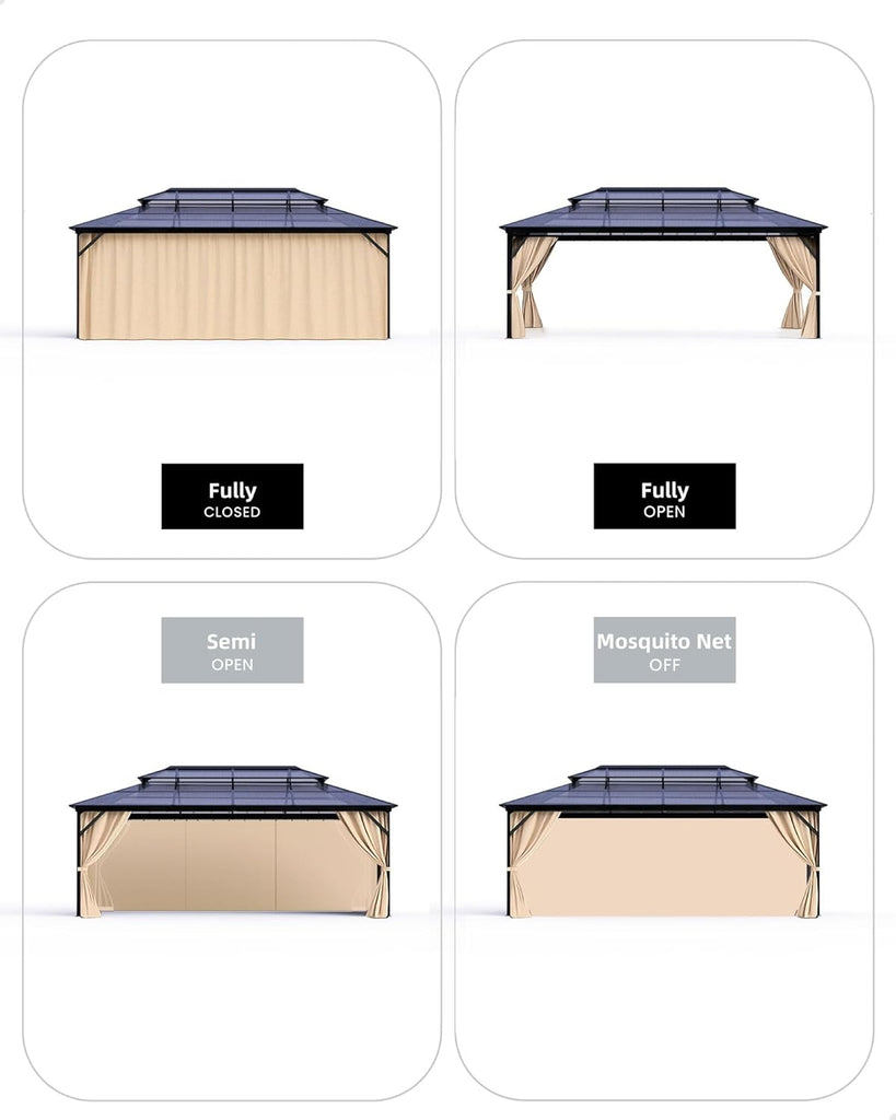 Hardtop Gazebo 12 ft x16 ft for All Weather, Double Polycarbonate Sheets Roof, Aluminum Alloy Frame, Net