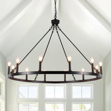 Inspired Camino Style Chandelier - Black Large Wagon Wheel Chandelier 38 inch, 12 Lights Farmhouse Chandelier, Industrial Rustic Candle Pendant Light Fixture for High Ceiling Living Room Dining Room Entryway