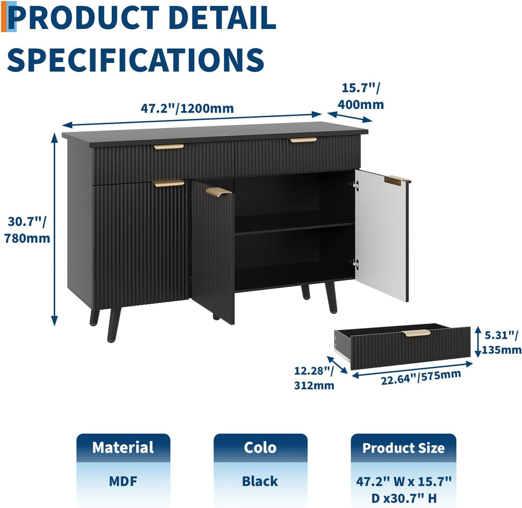 47 Inch Sideboard Buffet Cabinet, Wood Storage Cabinet with 3 Fluted Doors, Adjustable Shelves and 2 Drawers, Coffee
