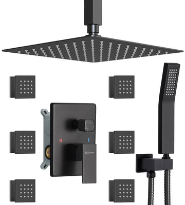 Full Body Shower System with 6 PCS Body Spray Jets & 12'' Rain Shower Head & Handheld, Ceiling Mount Rain Shower