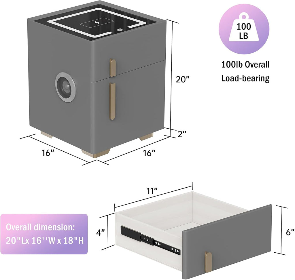 Smart Nightstand with Drawers and Safe,Nightstand with Wireless Charging, Modern Bedside Table with Strongbox, USB