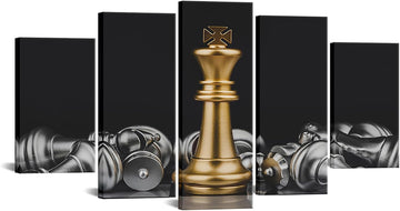 5 Panel Chess Canvas Wall Art Prints King and Knight Game Picture Painting Black and Gold Artwork Decoration Ready to