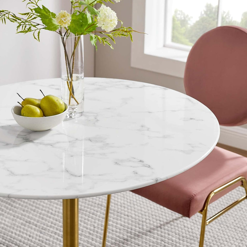 Inspired Saarinen Style Tulip Round Pedestal Dining Table — Gold Base / White Marble Top, 36″ Round
