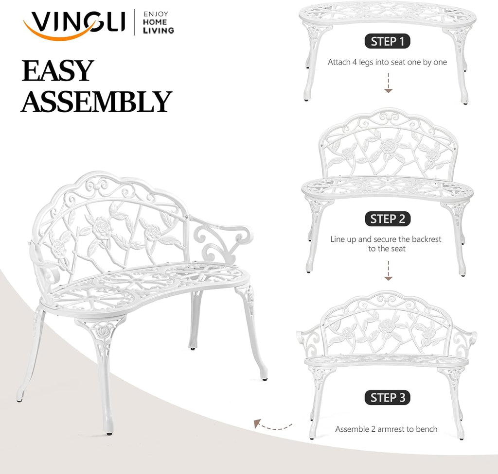 38.5" Patio Park Garden Outdoor Metal Rose Bench, 2-Person Cast Iron Cast Aluminium Frame Antique Finish