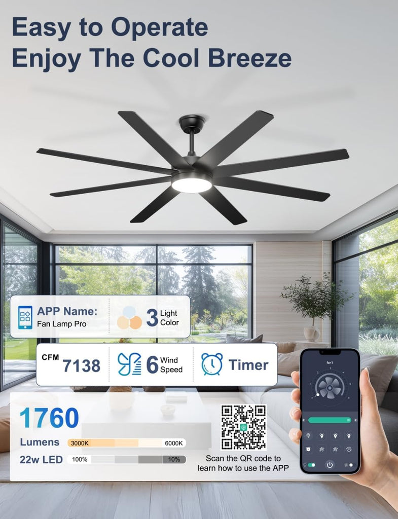 72'' Large Ceiling Fans with Lights, Modern Black Ceiling Fan Remote/APP Control, Dimmable