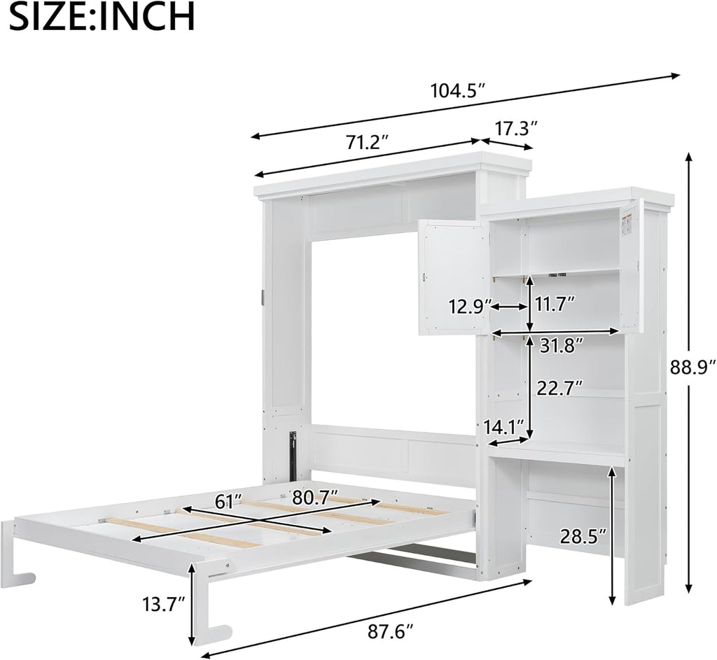 White Murphy Bed Queen with Shelves and Cabinet,Multifunctional Solid Wood Foldable Wall Bed with Louvered Style