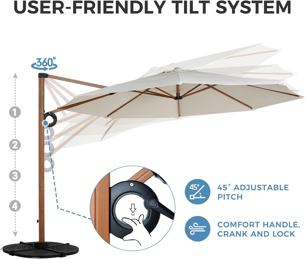 12 FT Patio Umbrella, Outdoor Cantilever Round Umbrella with 360° Rotation, Aluminum Offset Umbrella Pool, Beige