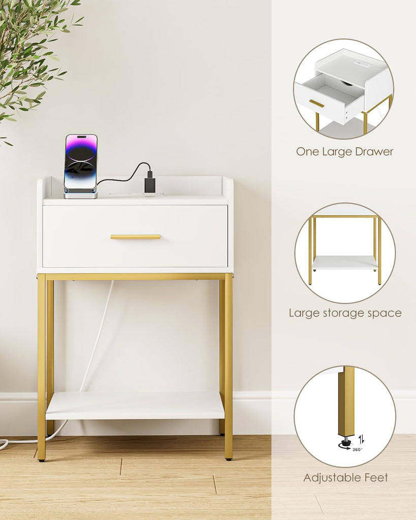 Nightstand with Charging Station, Modern Bedside Table with Drawer and Legs, White and Gold Night Stand with Open