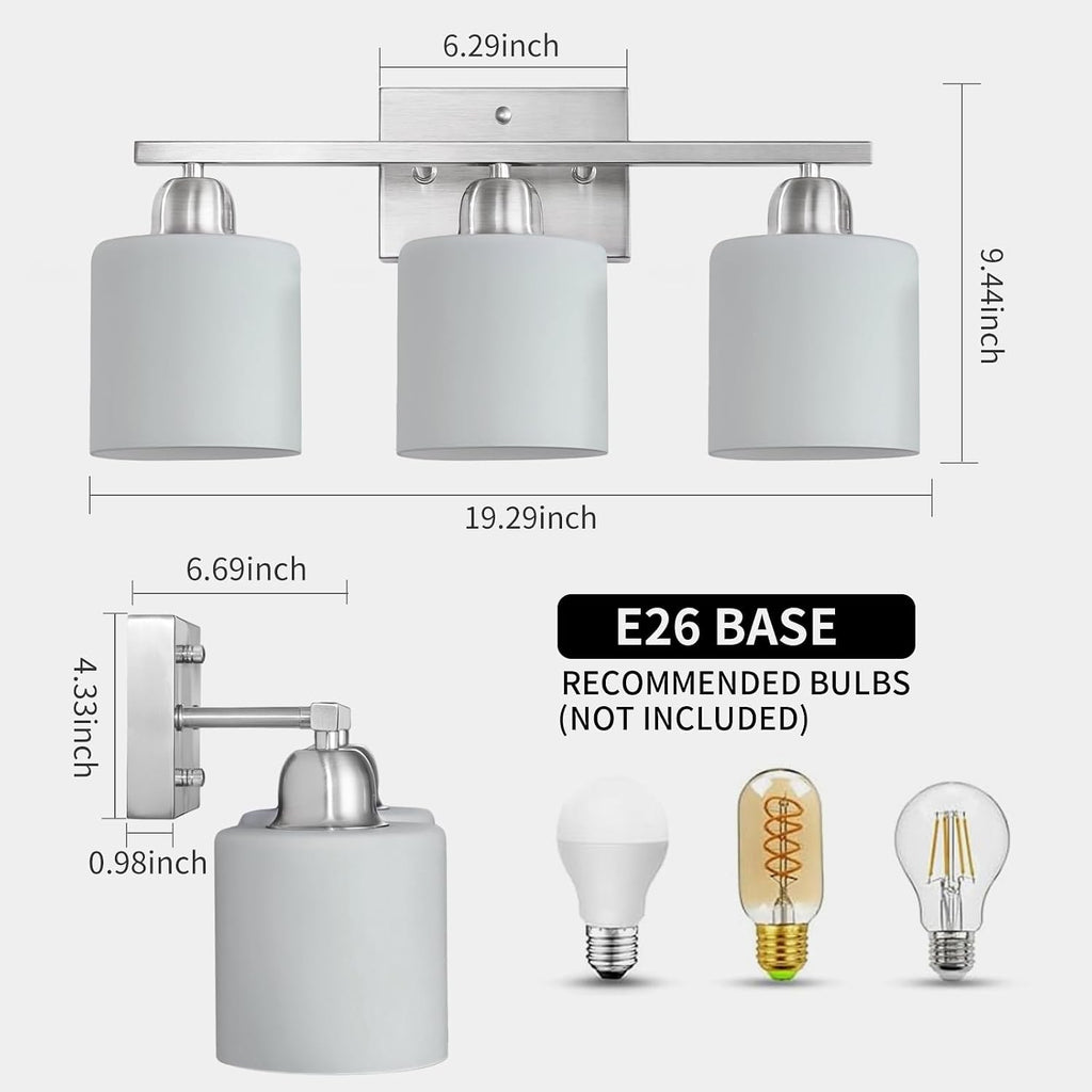 Brushed Nickel Bathroom Light Fixture, Anti-Rust Finish 3 Light Vanity Lights , Bath Lights with Milky White Frosted