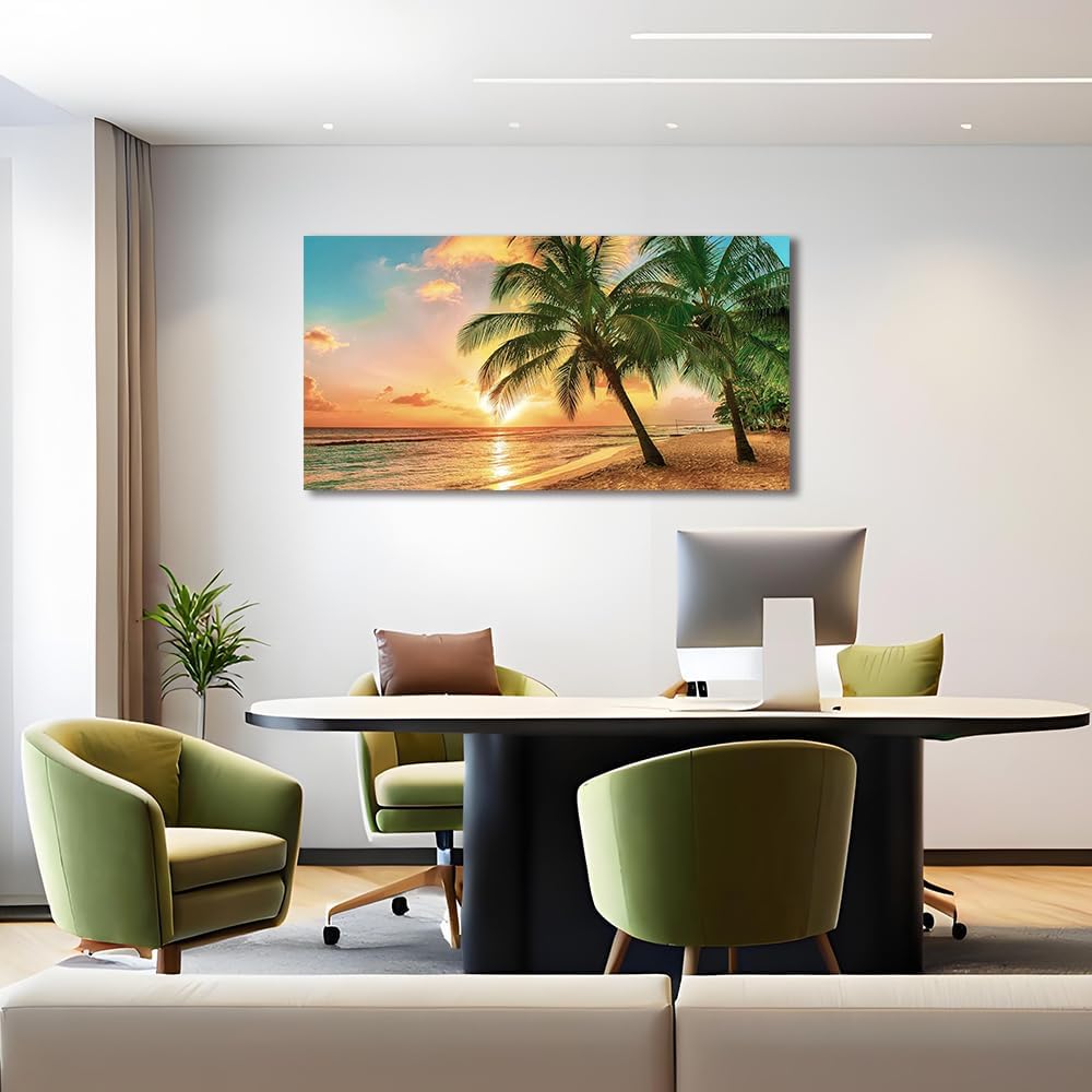 Beach Wall Art Ocean Canvas Wall Decor Tropical Palm Tree Picture for Wall Coastal Painting Gold Sunset Art Print