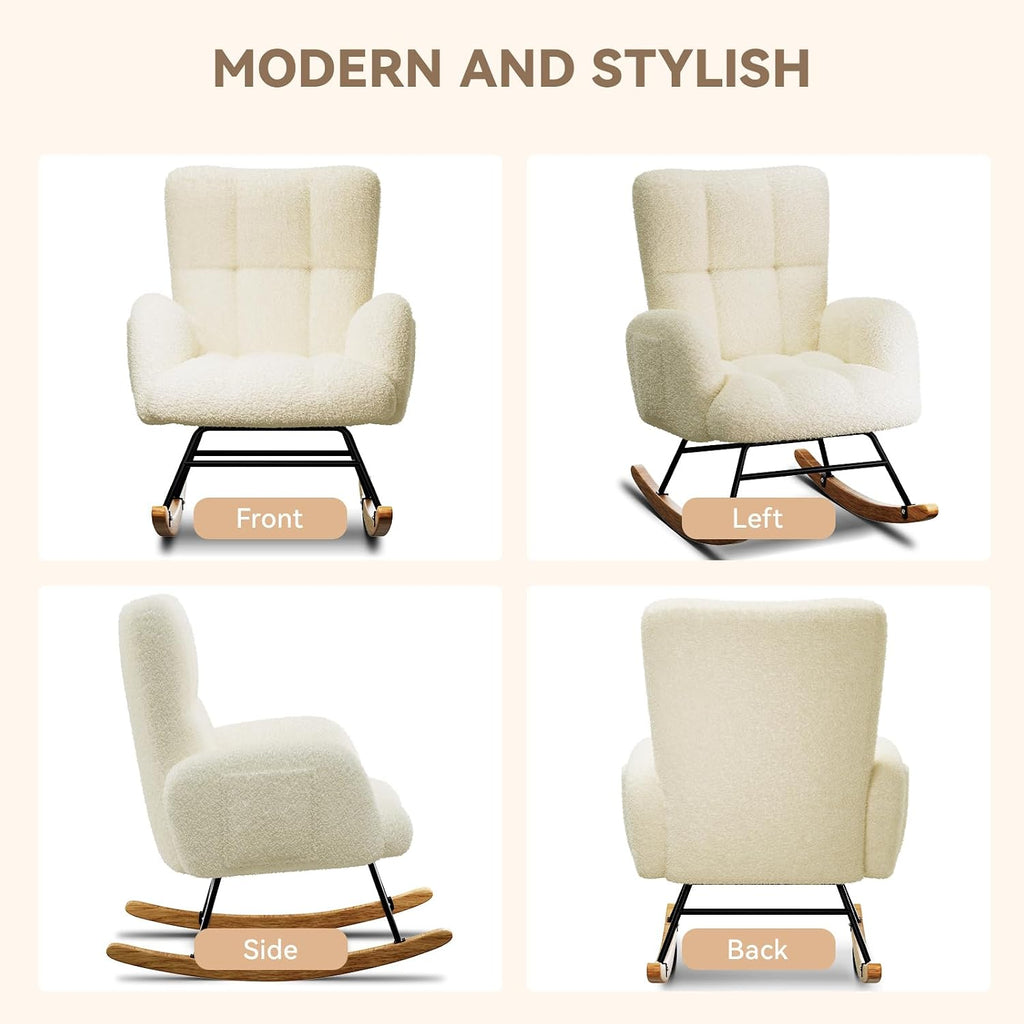 Rocking Chair Nursery with Ottoman,Teddy Upholstered Glider Rocker | High Backrest Reading Chair with Side Pockets