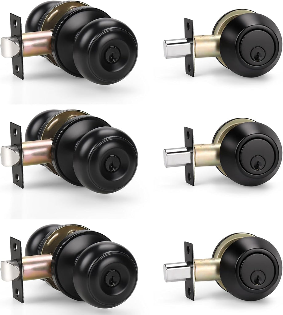 3 Pack Keyed Alike Entry Door Knobs and Single Cylinder Deadbolt Lock Combo Set Security and Front Door