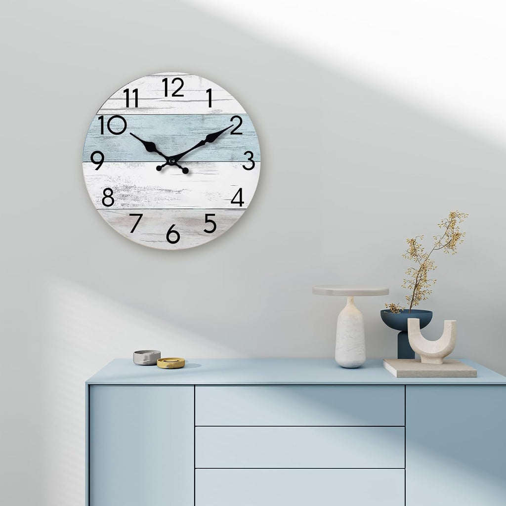 Wall Clock Silent Non-Ticking 14 Inch Battery Operated Country Large Retro Rustic and Beach Style Decorative for Living Room, Kitchen, Home,Bathroom, Office (Blue)