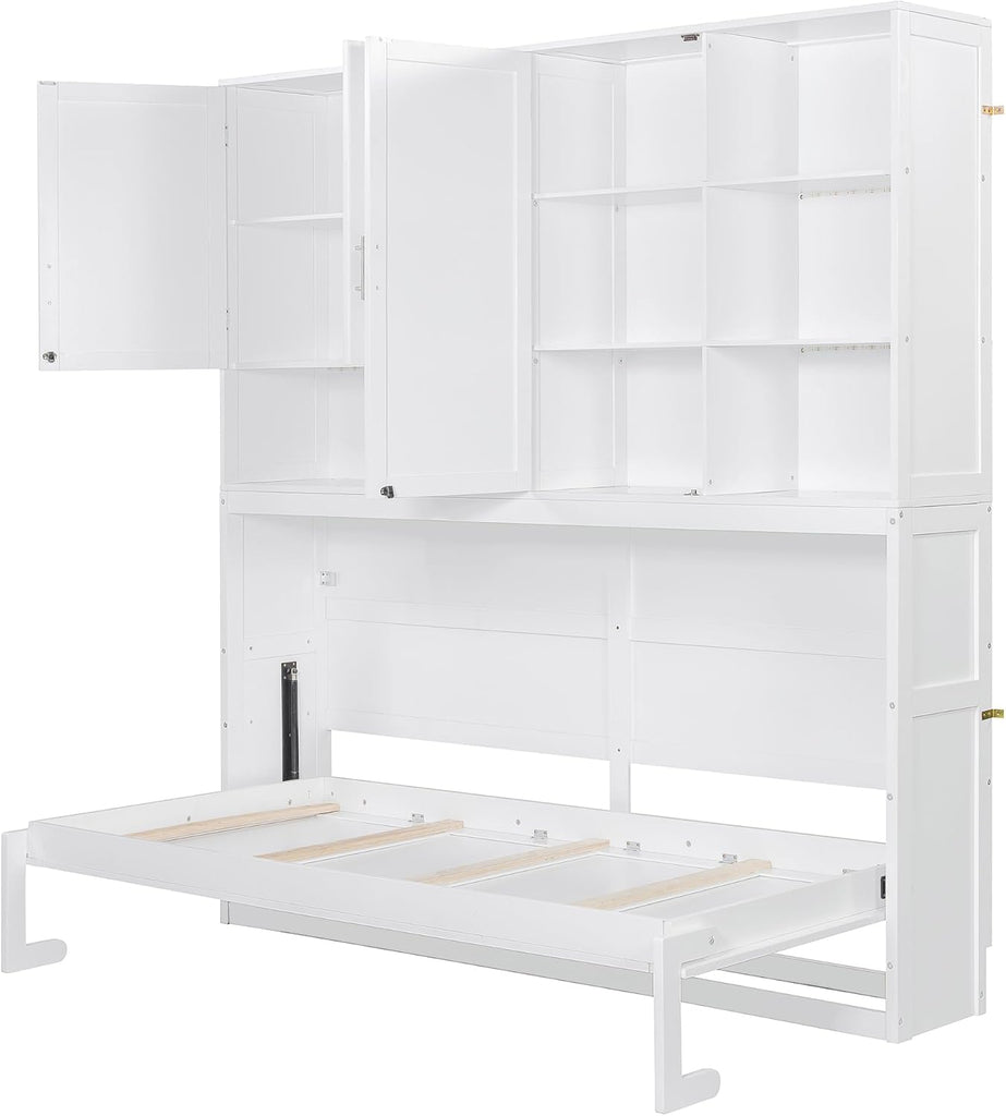 Twin Murphy Bed with Storage Bookcase and Shelves, Space-Saving Horizontal Wall Bed with LED Light & Charging
